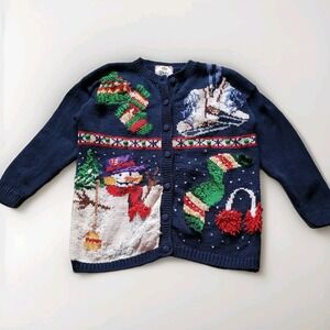 VTG 90s Tiara Knit Cardigan UGLY Sweater Christmas Women Petite Large Snowman